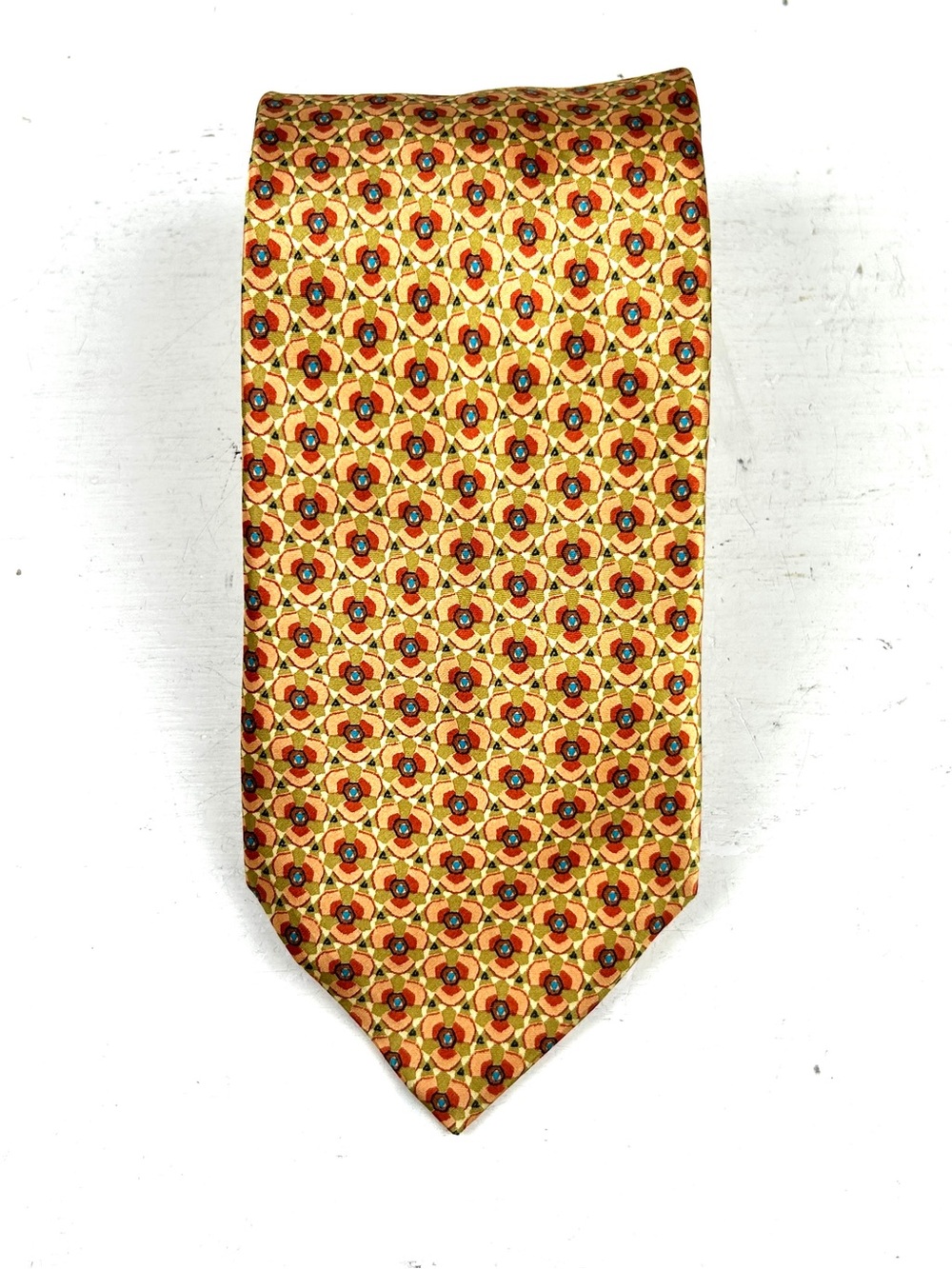 S.T. DuPont Paris 100% Silk Gold & Red Geometric Neck Tie 3.5” Brand New NWT
